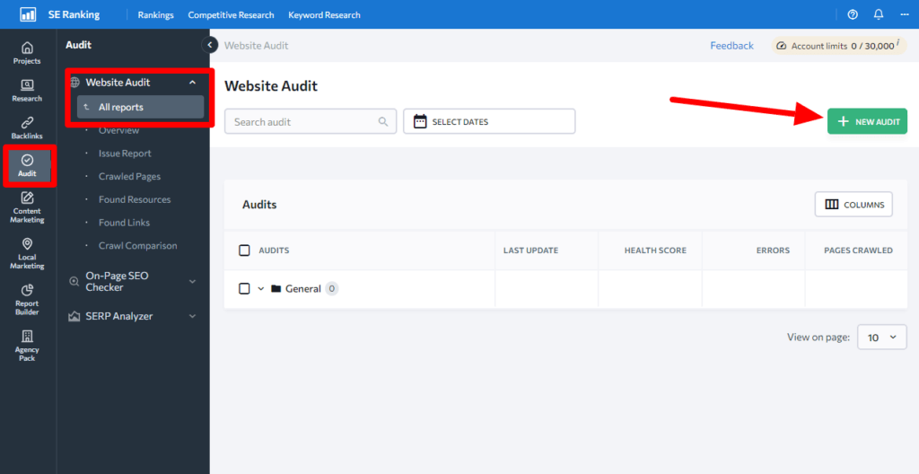 website audit dashboard se ranking