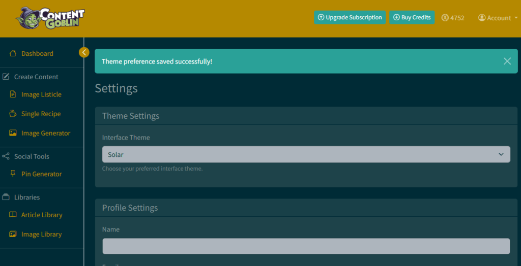 theme settings, content goblin